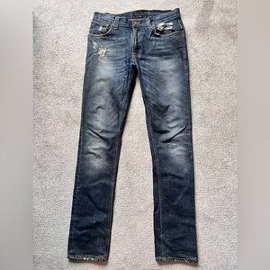 Men’s Nudie Jeans Thin Finn Size 32x34 Slim Distressed Jeans Dark Wash Like New